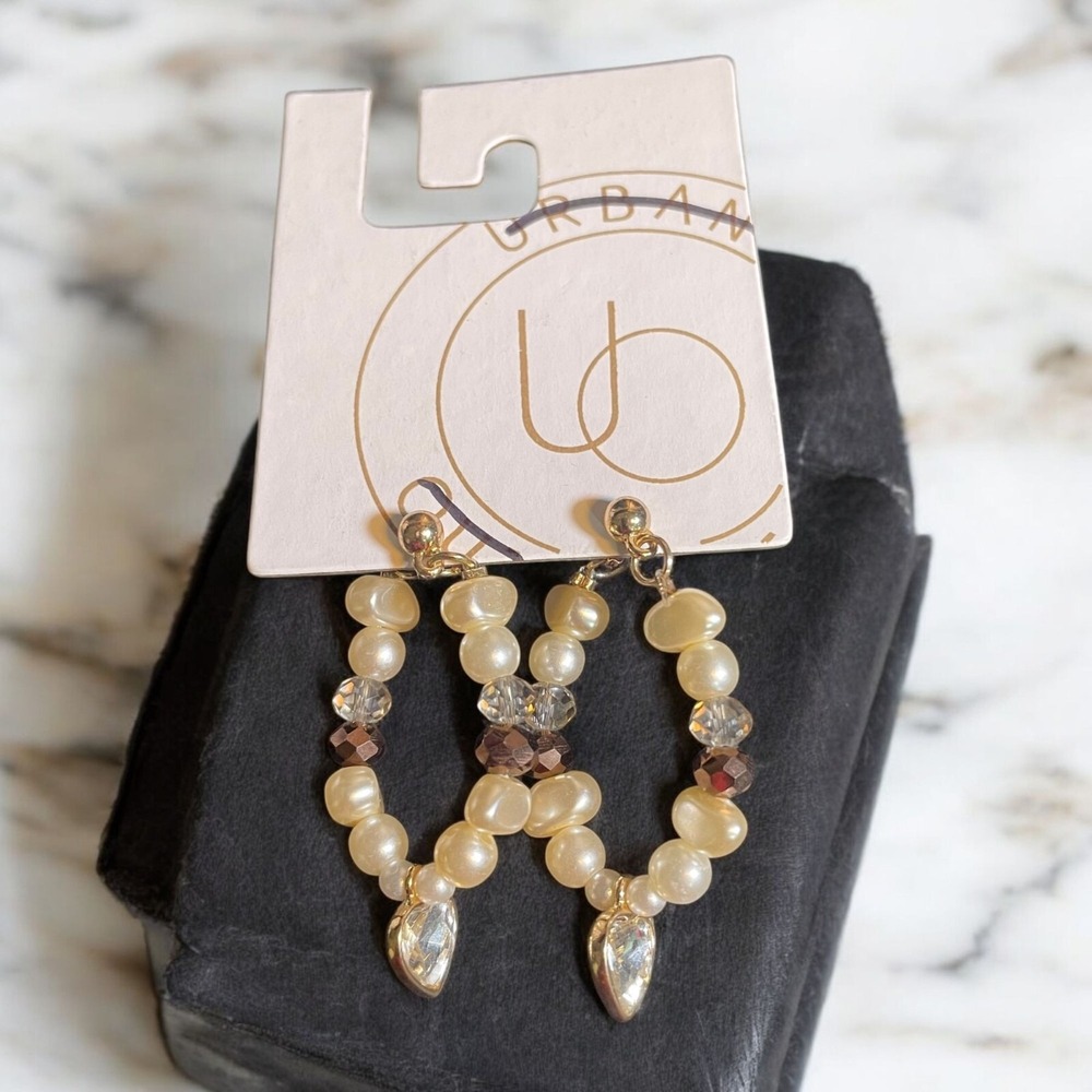 Gold-Tone Beaded Drop‎ Earrings With Glass Crystals & Faux Pearls By Urban